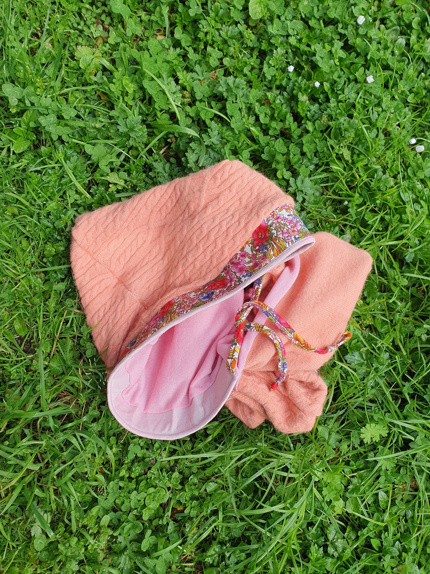 Peachy cableknit floral hooded scarf