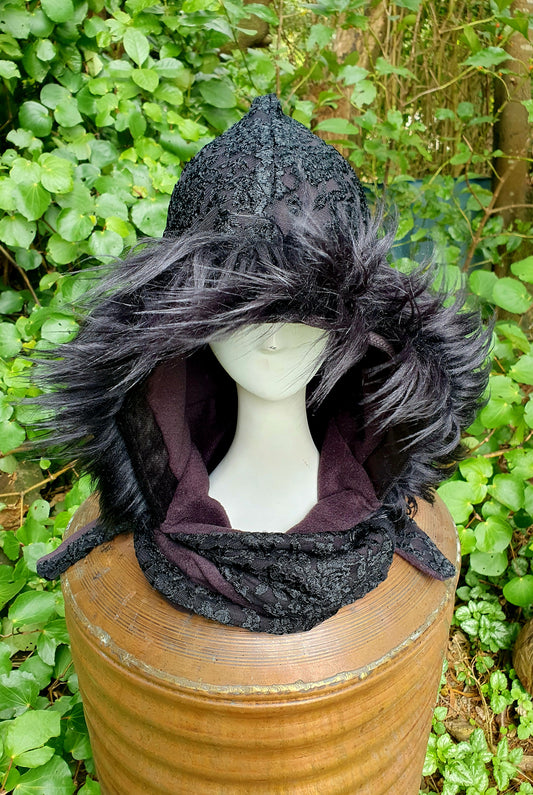 Black, Black and Black Lace Hooded Scarf