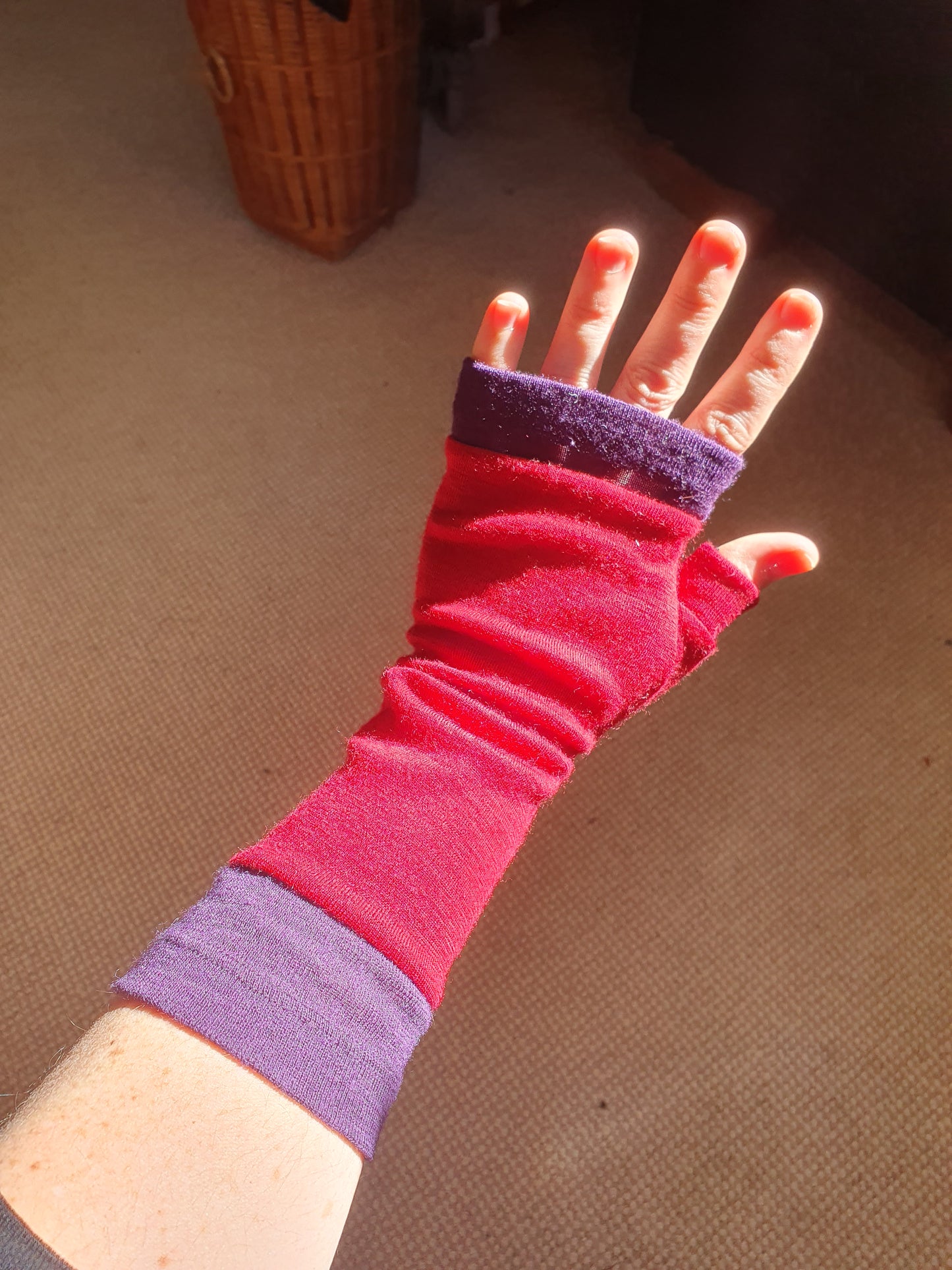 Red & Purple Merino Fingerless Gloves