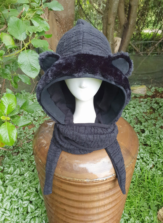 Black Bear Cableknit Hooded Scarf