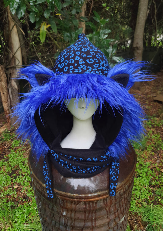 Blue Black Leopard Hood and Glove set