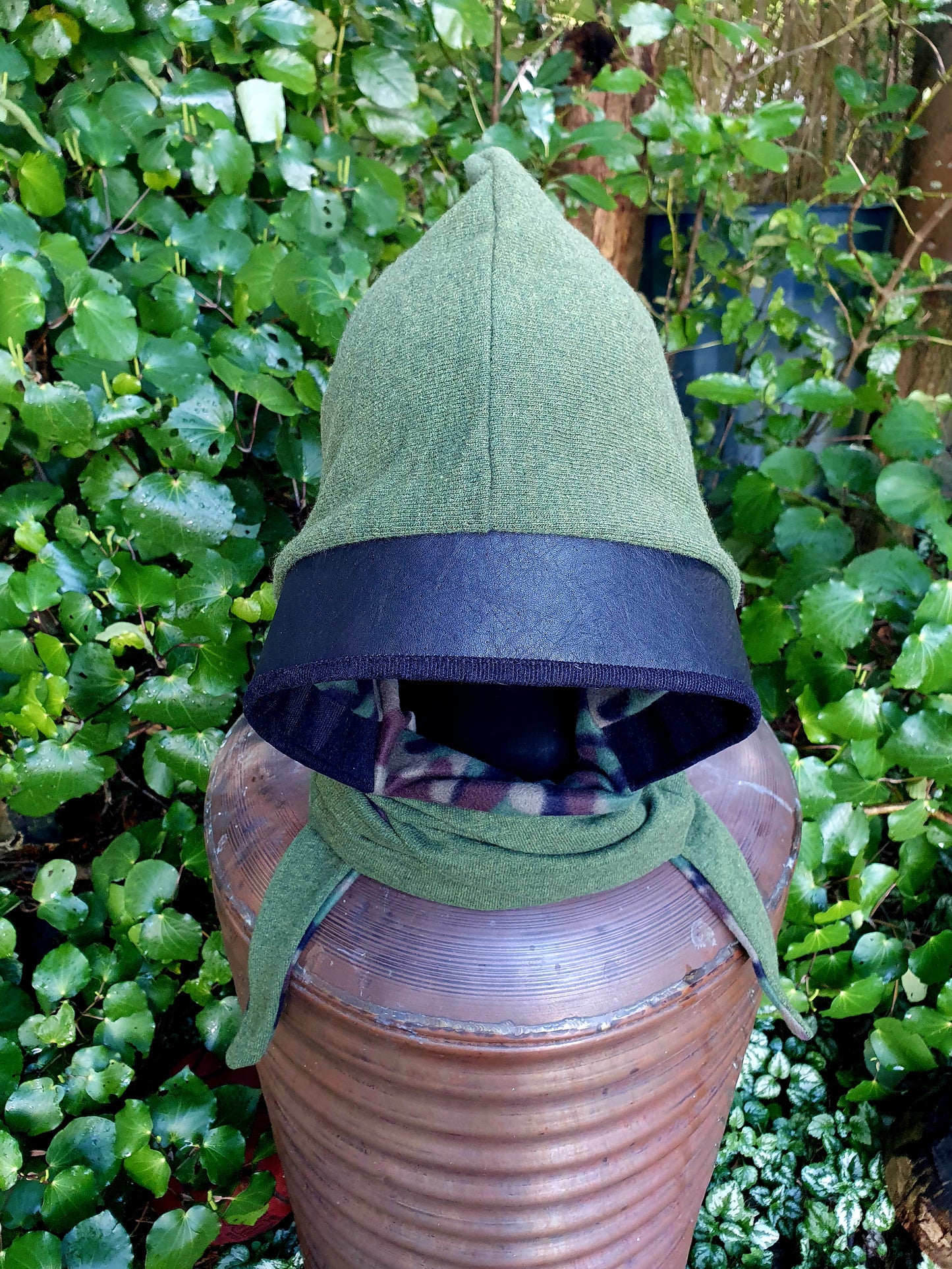 Mossy Green Wool, Leather & Camo Fleece Reversible Hooded Scarf