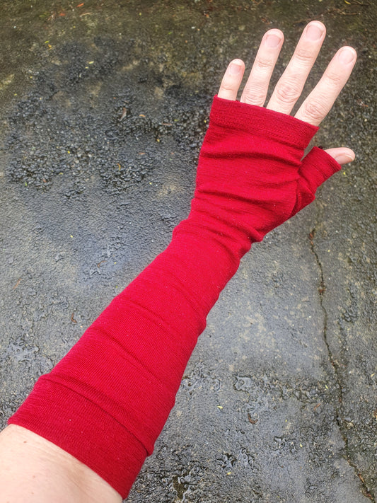Red elbow length Merino Fingerless Gloves