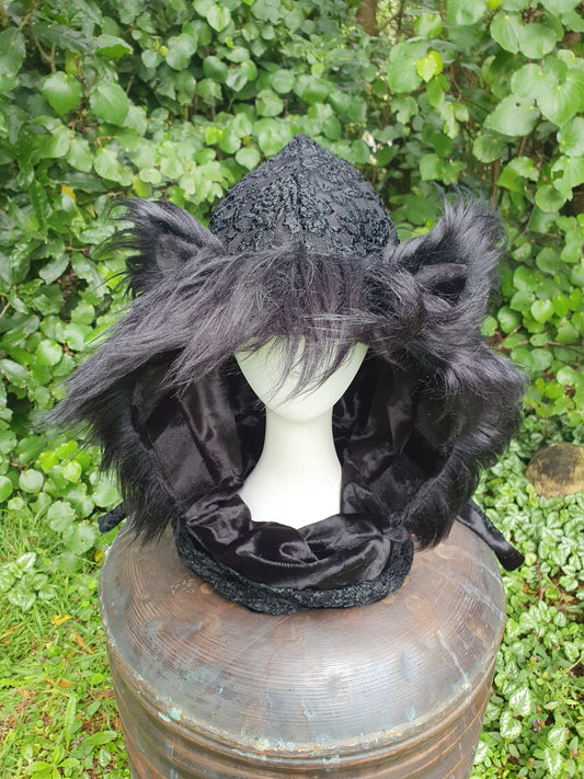 Triple Black Lace Hooded Scarf