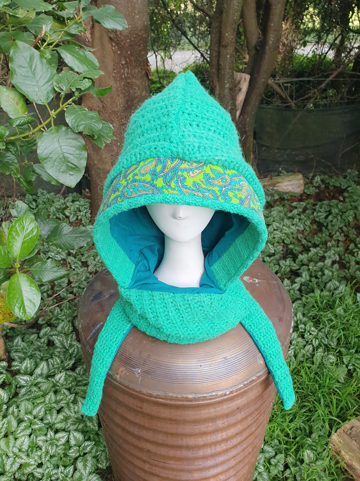 Chunky Teal Jade Green Hooded Scarf and Merino Gloves