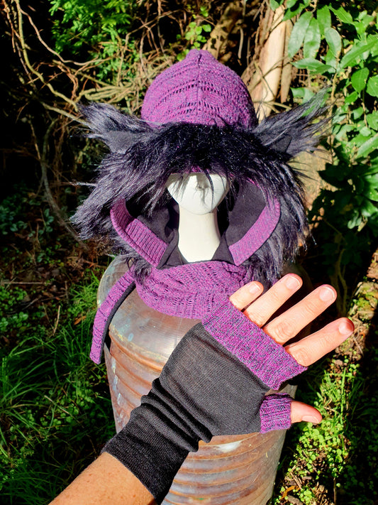 Purple cableknit Hood and Glove set