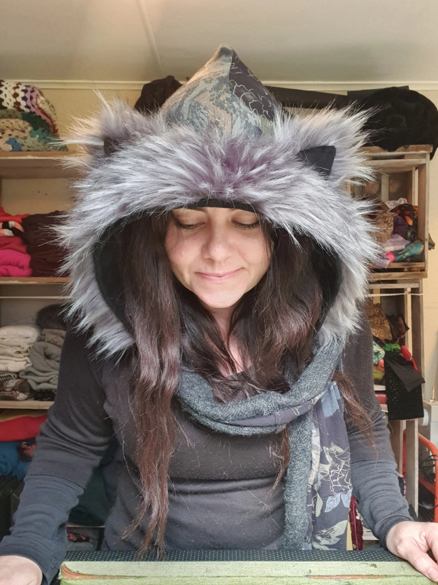 Grey Lush Hooded Scarf with Alpaca knit lining