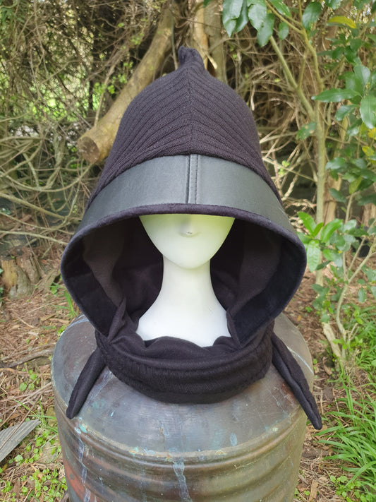 Solid Black Leather Trim Hooded Scarf