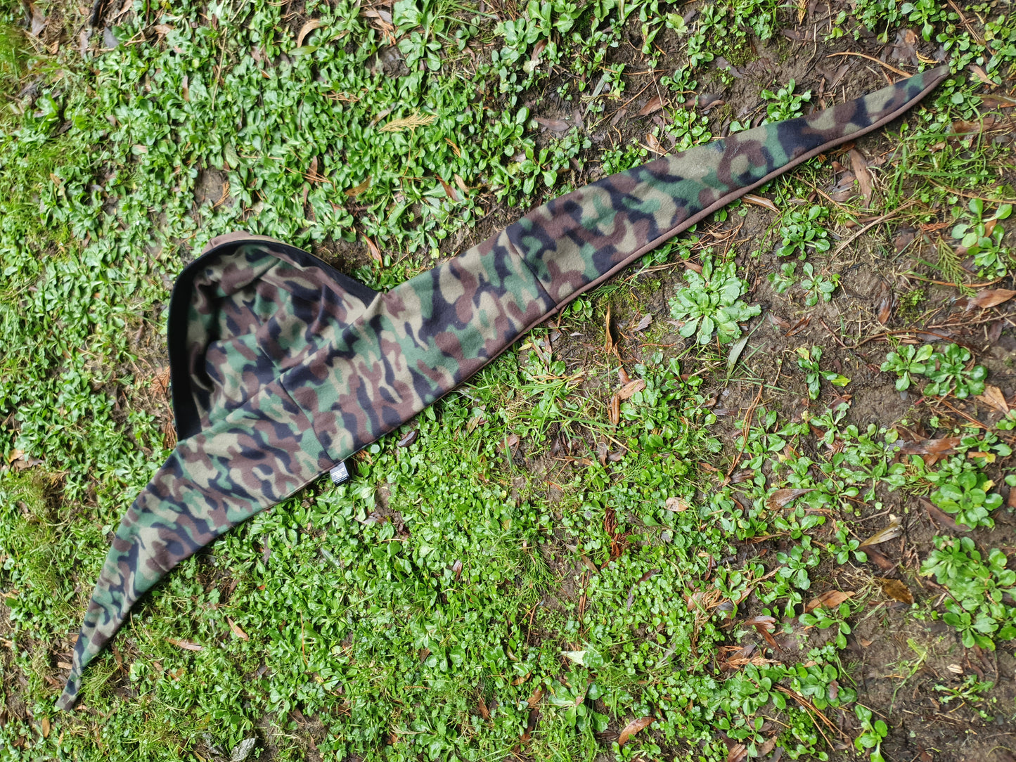 Mossy Green Wool, Leather & Camo Fleece Reversible Hooded Scarf