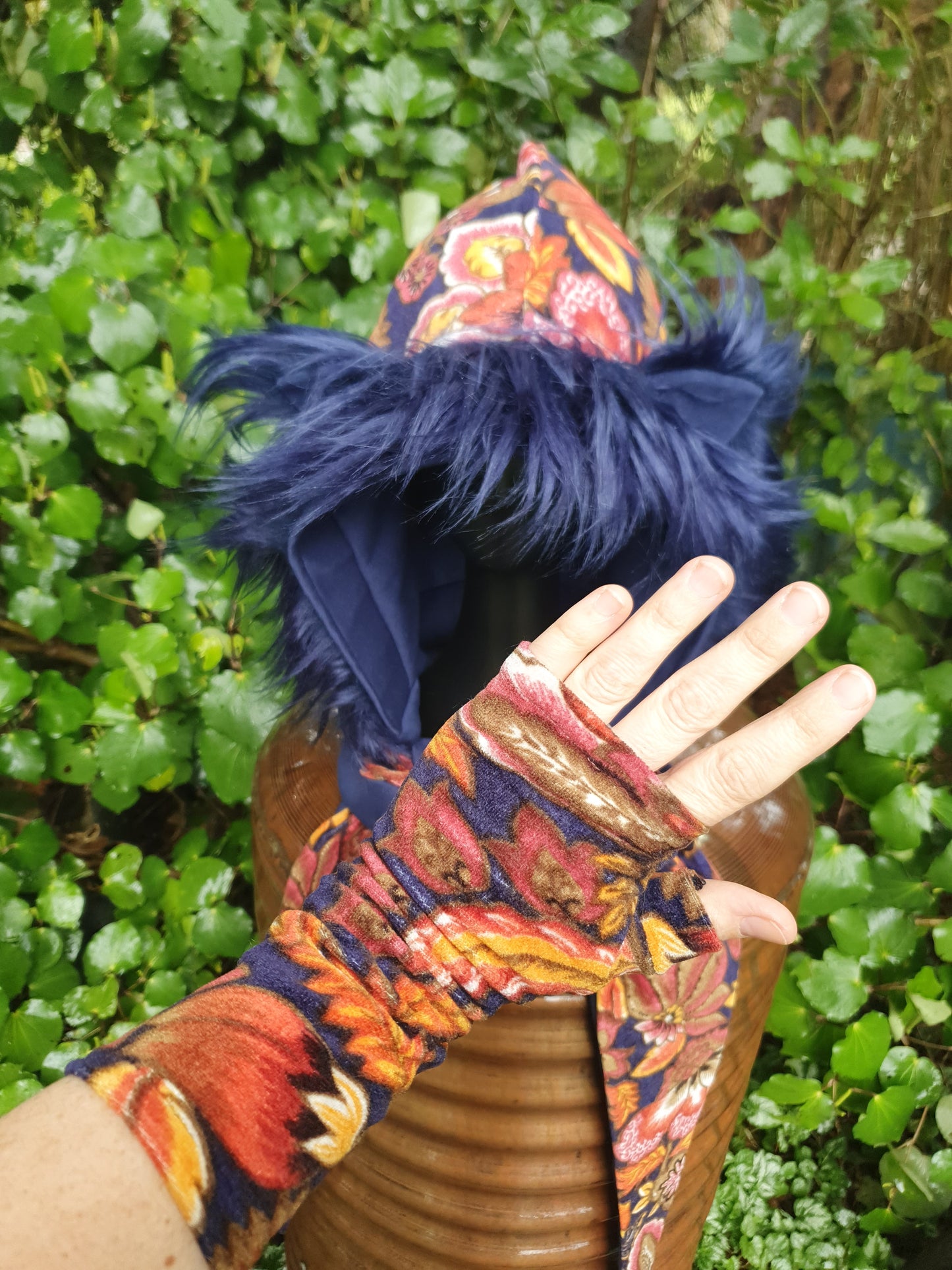 Earthy Floral & dark Blue Hood and Glove set