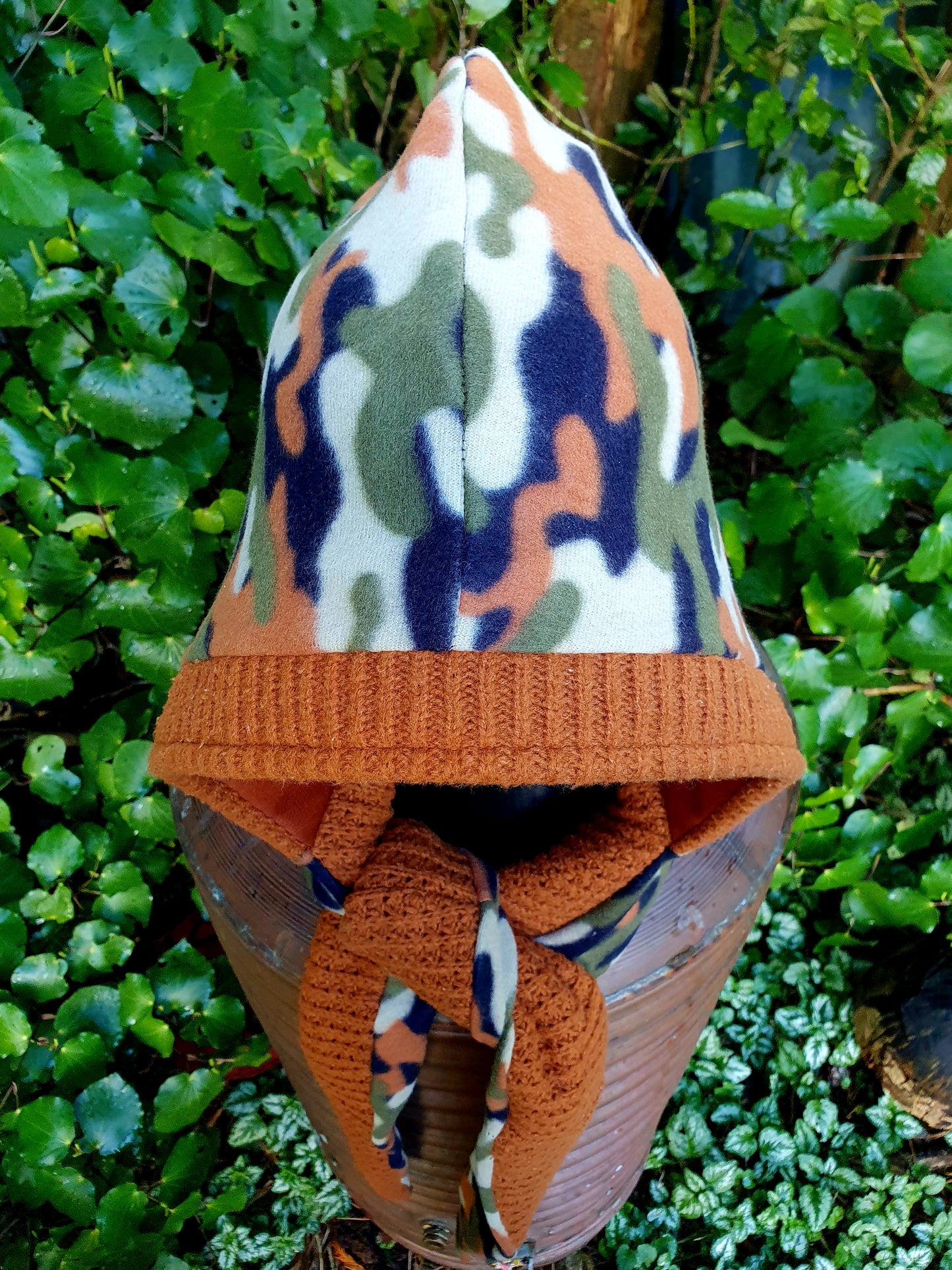 Chunky Ochre, Leather and camo fleece reversible Hooded Scarf