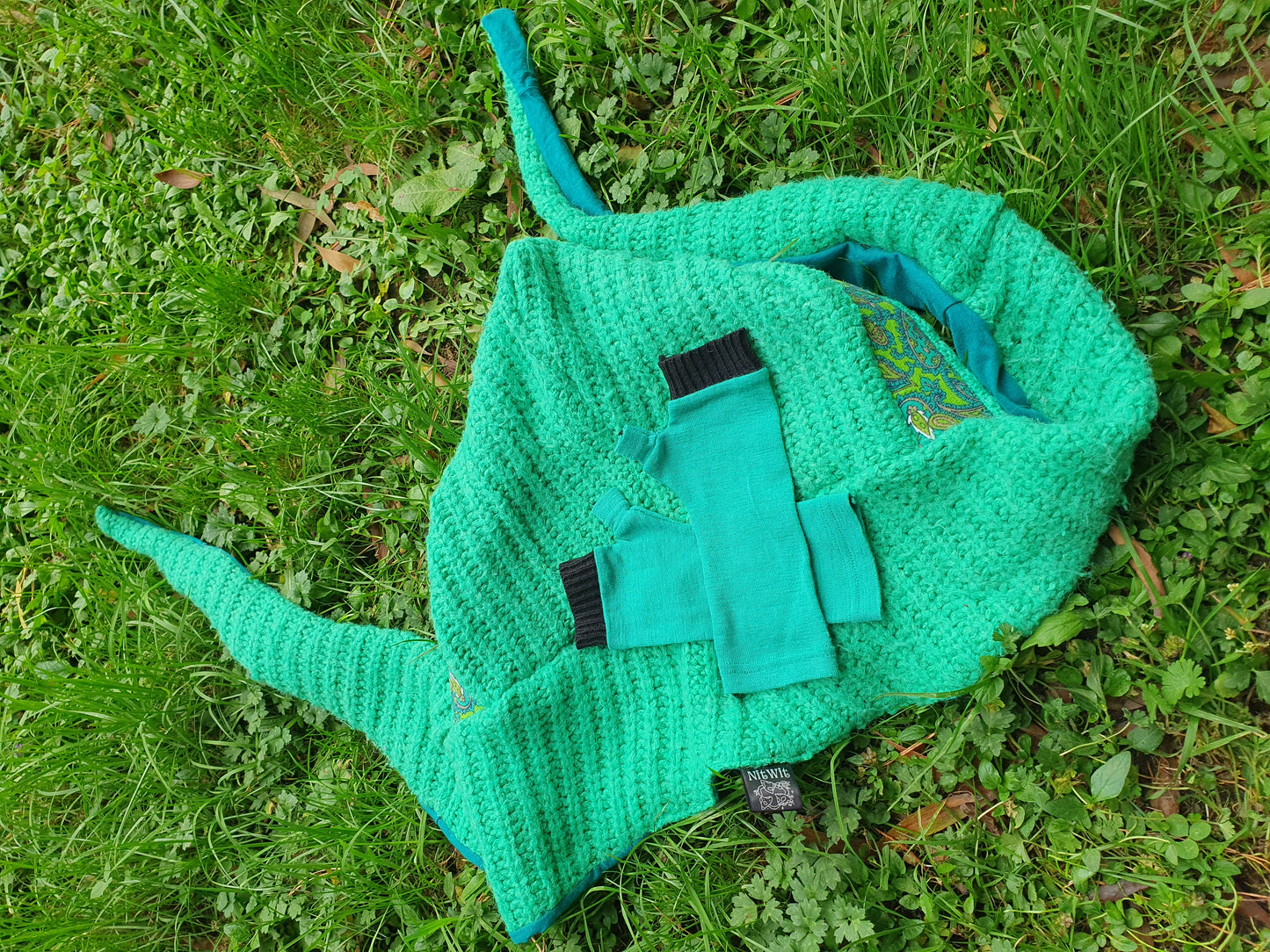 Chunky Teal Jade Green Hooded Scarf and Merino Gloves
