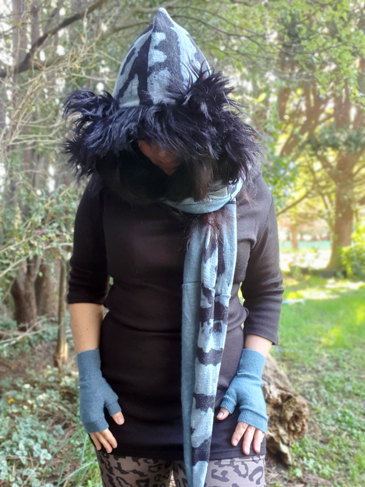 Shadowy Blue Merino Cashmere Hood & Glove Set