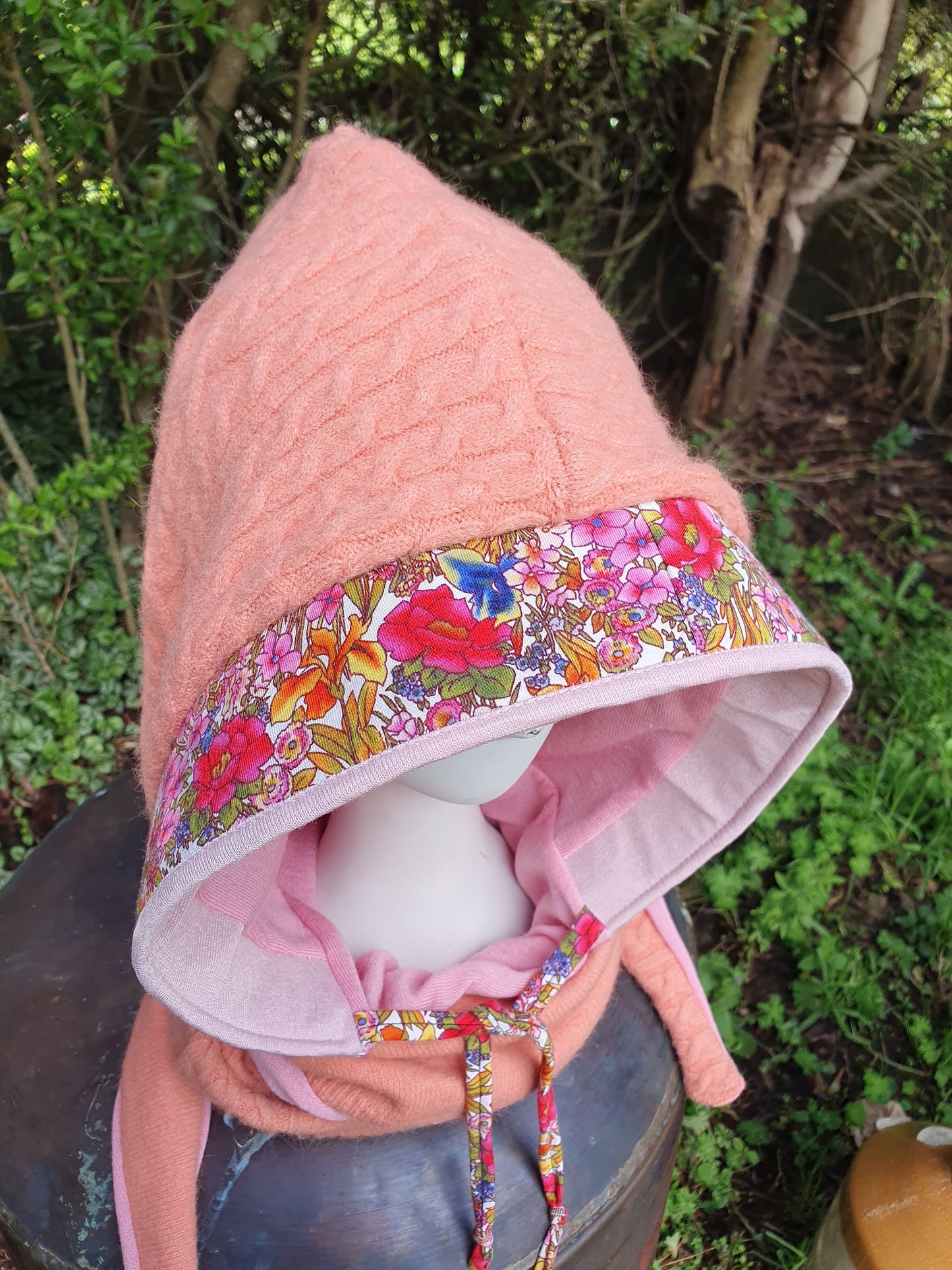 Peachy cableknit floral hooded scarf