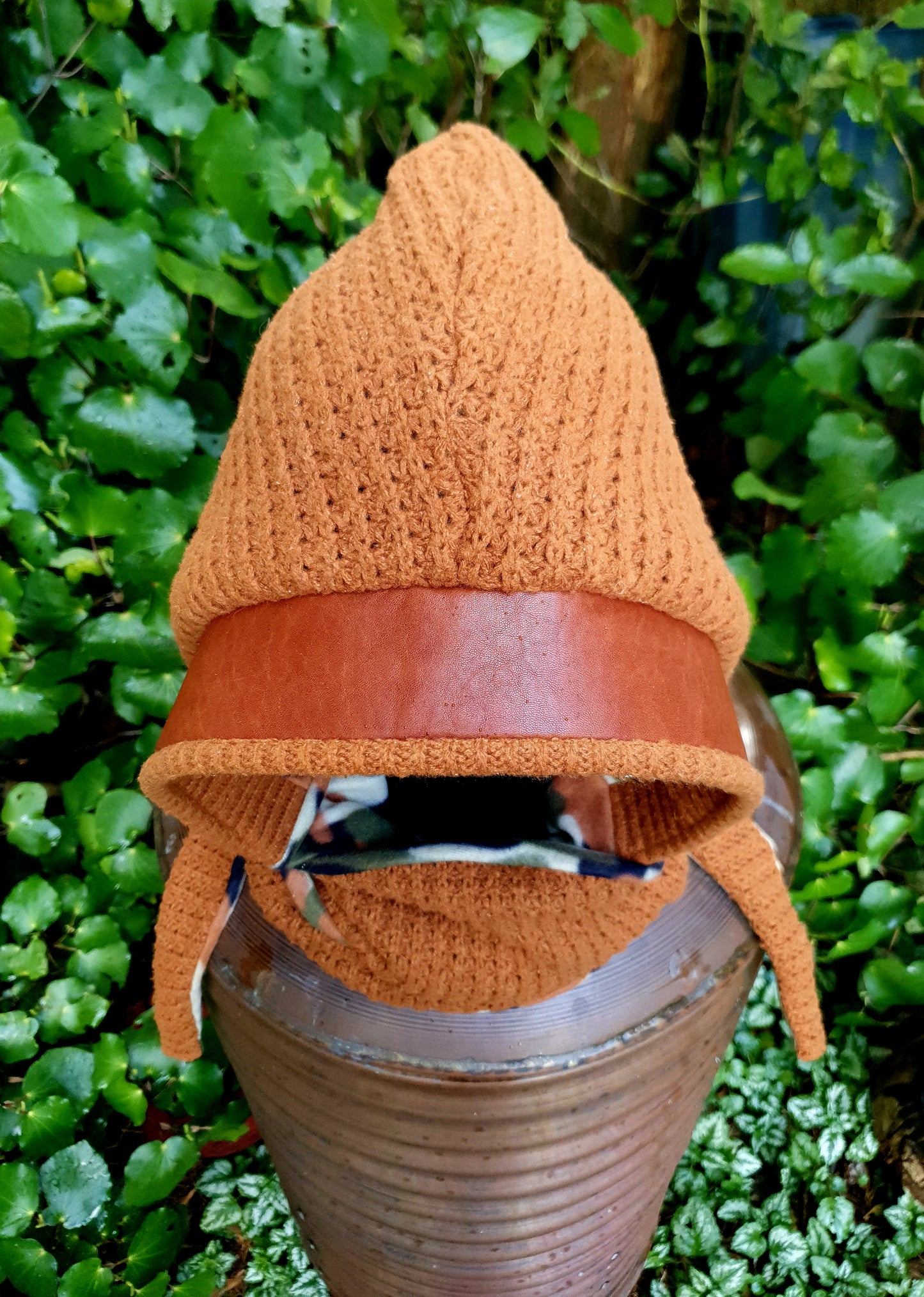 Chunky Ochre, Leather and camo fleece reversible Hooded Scarf