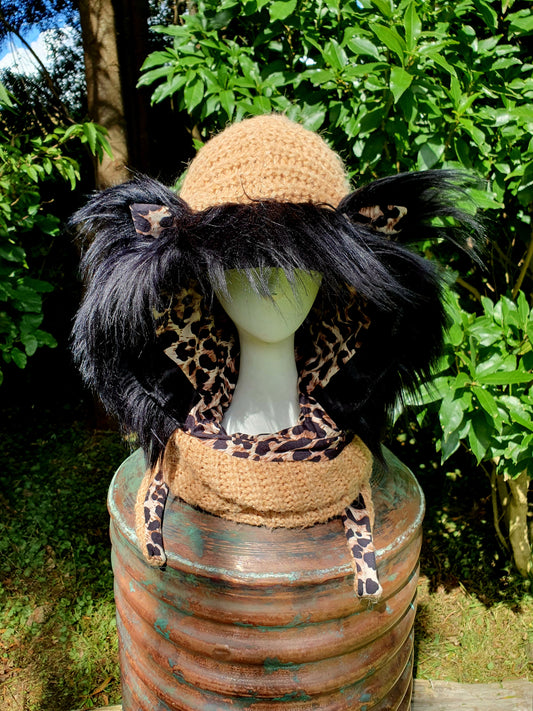 Chunky Fawn and Animal Print Hood with Fingerless Gloves