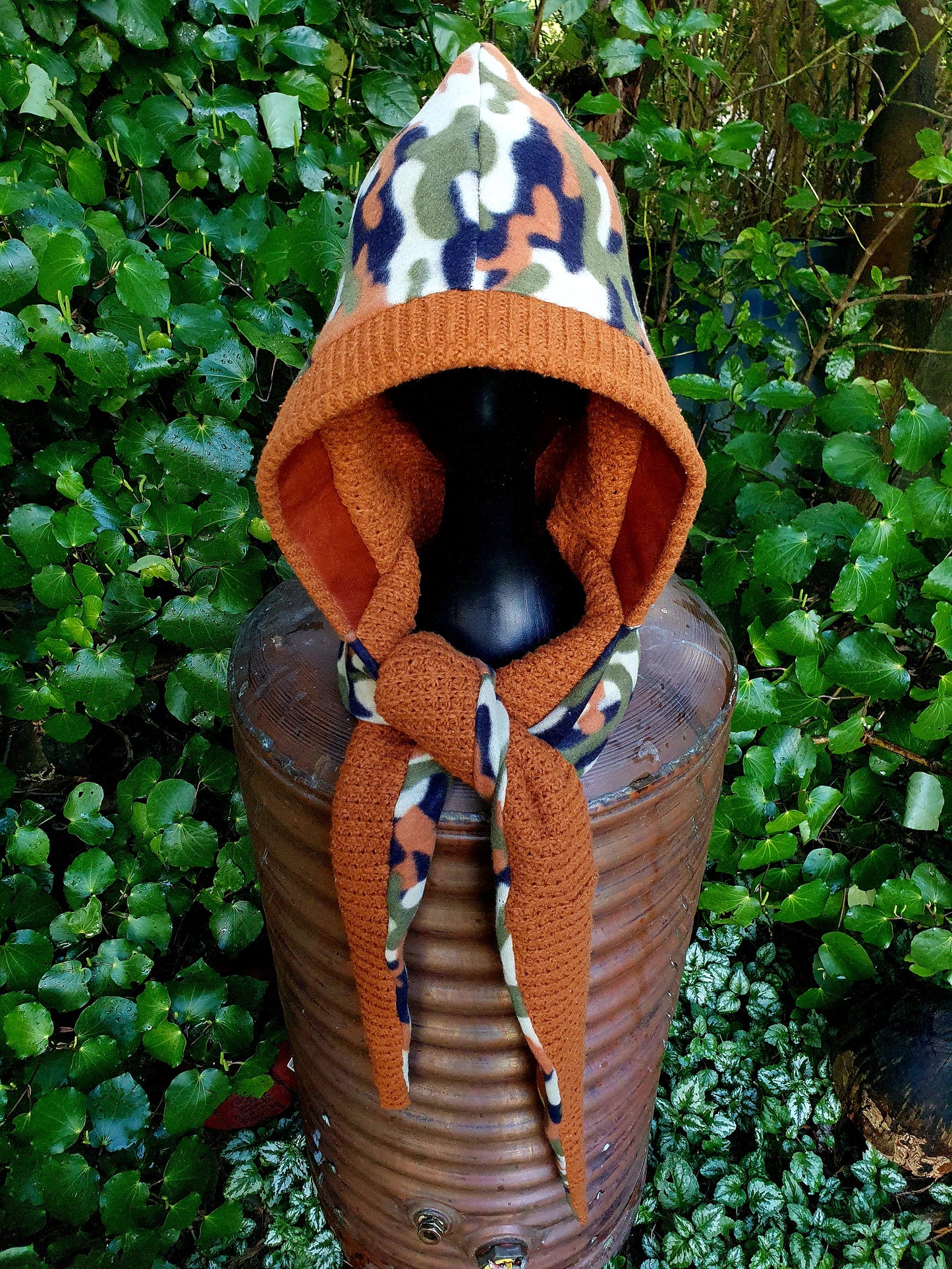 Chunky Ochre, Leather and camo fleece reversible Hooded Scarf