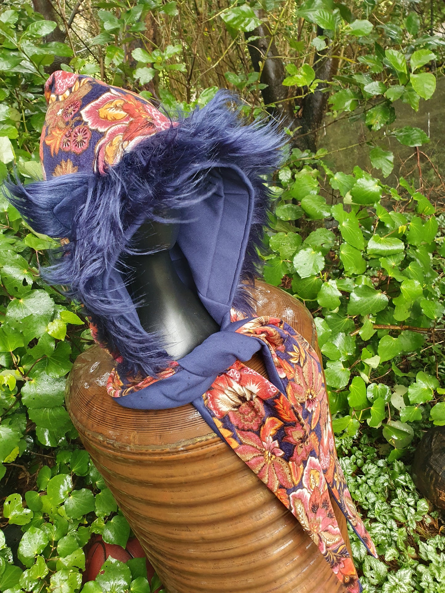 Earthy Floral & dark Blue Hood and Glove set