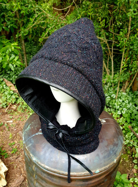 Black rainbow speckled cableknit chunky Hooded scarf