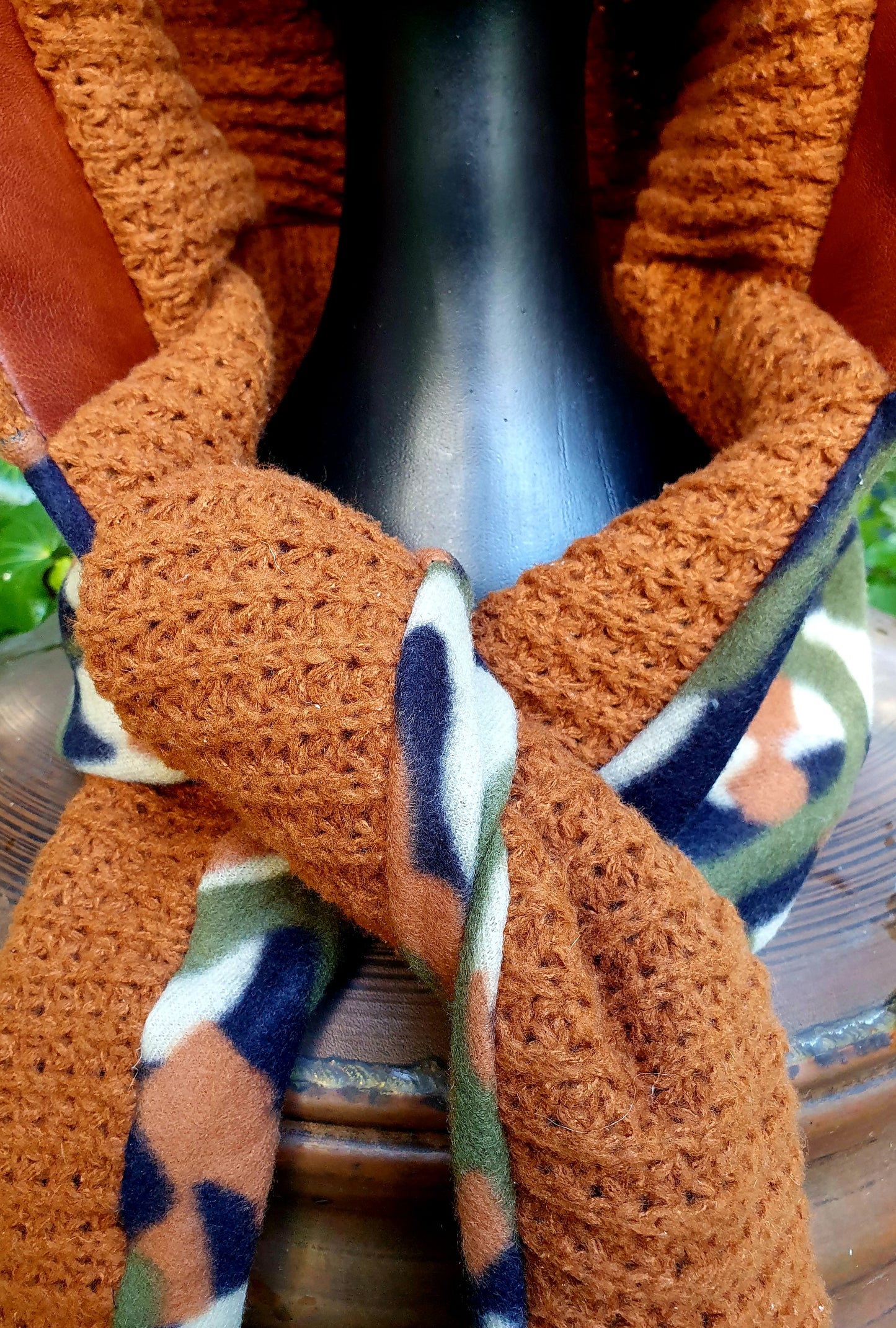 Chunky Ochre, Leather and camo fleece reversible Hooded Scarf